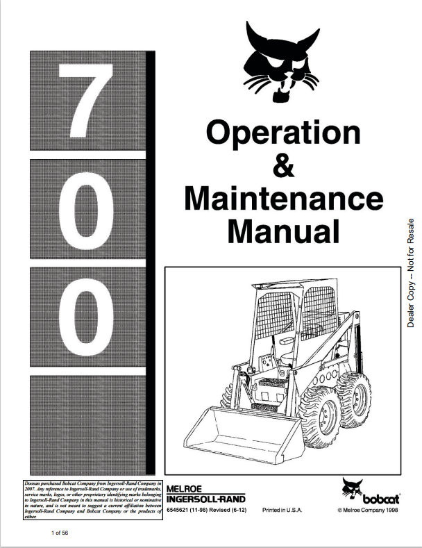 BOBCAT 700 LOADER OPERATION AND MAINTENANCE MANUAL 6545621 PDF