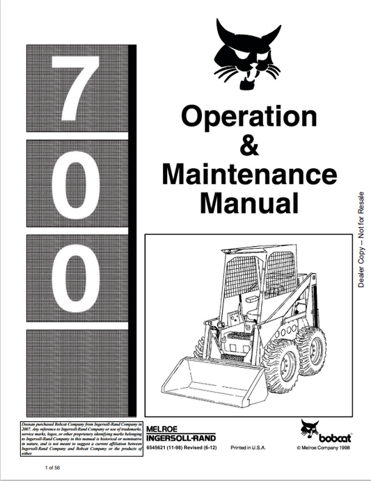 BOBCAT 700 LOADER OPERATION AND MAINTENANCE MANUAL 6545621 PDF