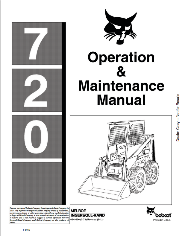 BOBCAT 720 LOADER OPERATION AND MAINTENANCE MANUAL 6549950 PDF