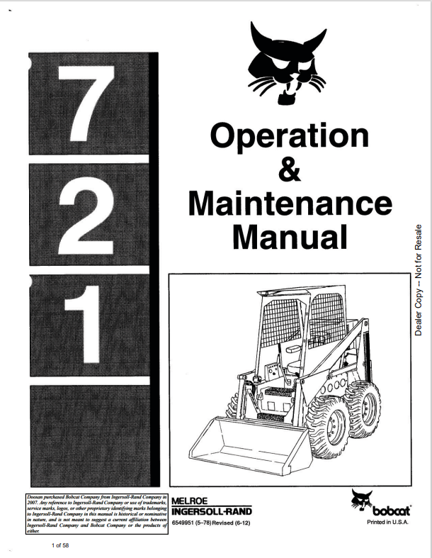 BOBCAT 721 LOADER OPERATION AND MAINTENANCE MANUAL 6549951 PDF