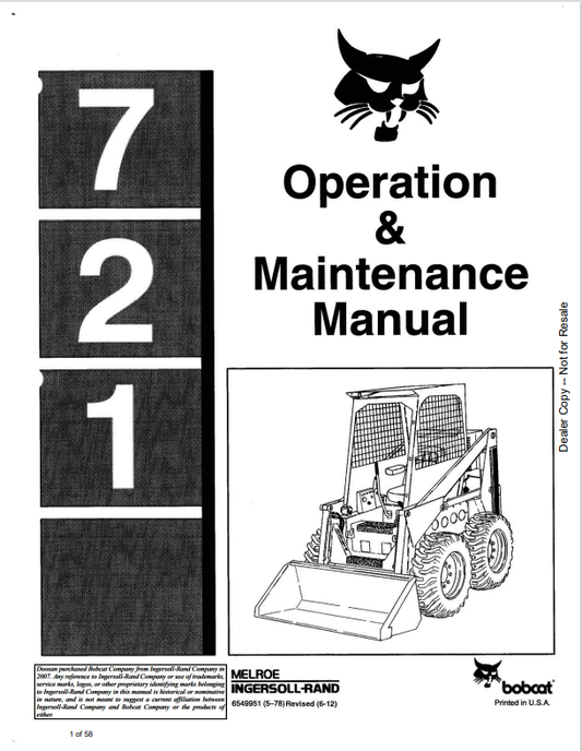 BOBCAT 721 LOADER OPERATION AND MAINTENANCE MANUAL 6549951 PDF