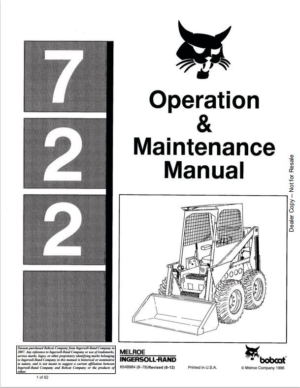 BOBCAT 722 LOADER OPERATION AND MAINTENANCE MANUAL 6549984 PDF