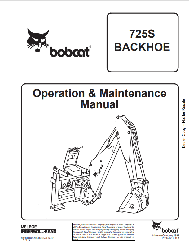 BOBCAT 725S BACKHOE OPERATION AND MAINTENANCE MANUAL 6900120 PDF