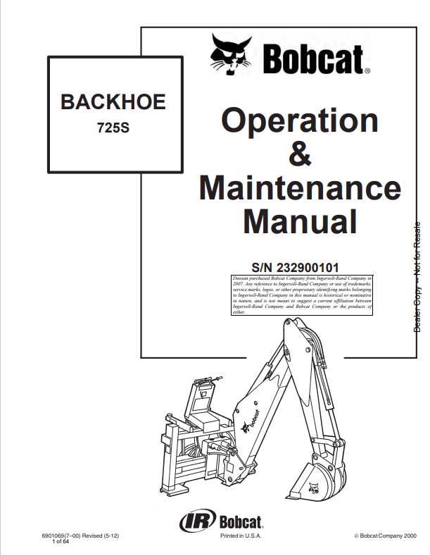 BOBCAT 725S BACKHOE OPERATION AND MAINTENANCE MANUAL 6901069 PDF