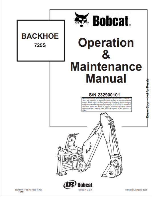 BOBCAT 725S BACKHOE OPERATION AND MAINTENANCE MANUAL 6901069 PDF