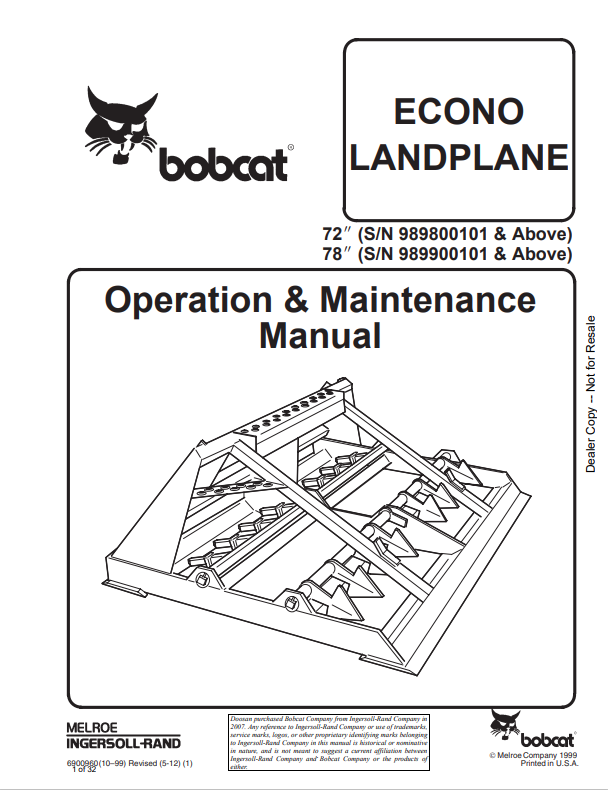 BOBCAT 72, 78 ECONO LANDPLANE OPERATION AND MAINTENANCE MANUAL 6900960 PDF