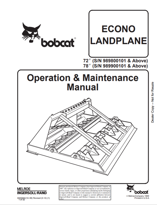 BOBCAT 72, 78 ECONO LANDPLANE OPERATION AND MAINTENANCE MANUAL 6900960 PDF