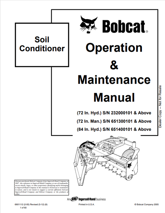 BOBCAT 72 IN. HYD, 72 IN. MAN, 84 IN. HYD SOIL CONDITIONER OPERATION AND MAINTENANCE MANUAL 6901112 PDF