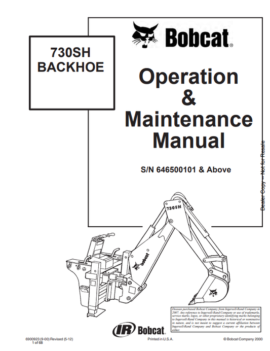 BOBCAT 730SH BACKHOE OPERATION AND MAINTENANCE MANUAL 6900923 PDF