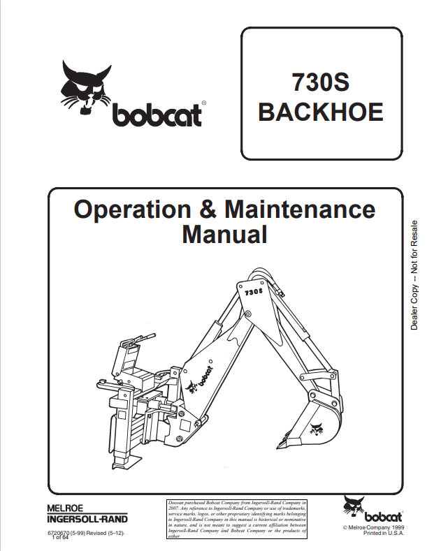 BOBCAT 730S BACKHOE OPERATION AND MAINTENANCE MANUAL 6720670 PDF
