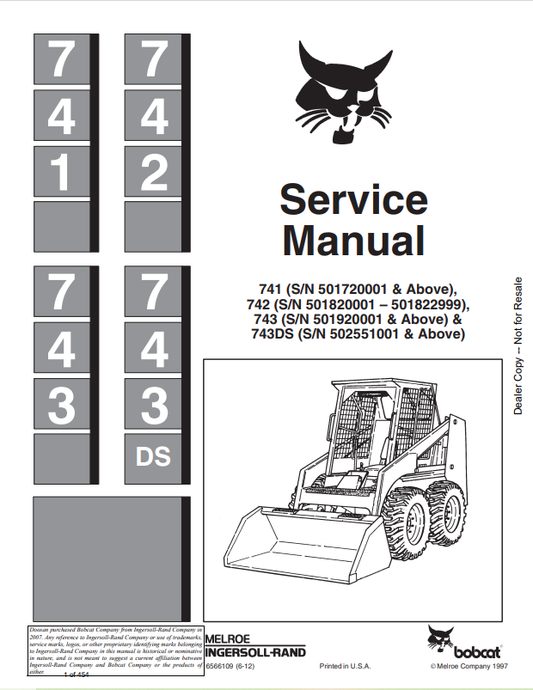 BOBCAT 741, 742, 743, 743 DS LOADER SERVICE MANUAL 6566109 PDF