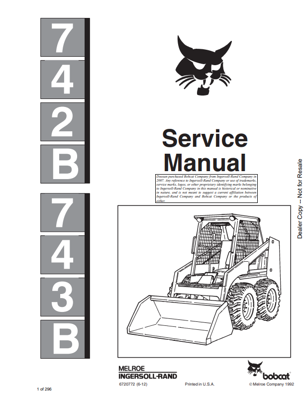 BOBCAT 742B, 743B LOADER SERVICE MANUAL 6720772 PDF