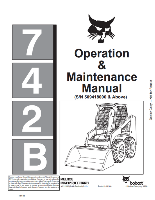 BOBCAT 742B LOADER OPERATION AND MAINTENANCE MANUAL 6722056 PDF