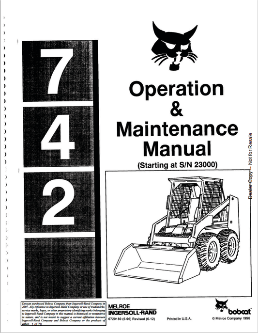 BOBCAT 742 LOADER OPERATION AND MAINTENANCE MANUAL 6720180 PDF
