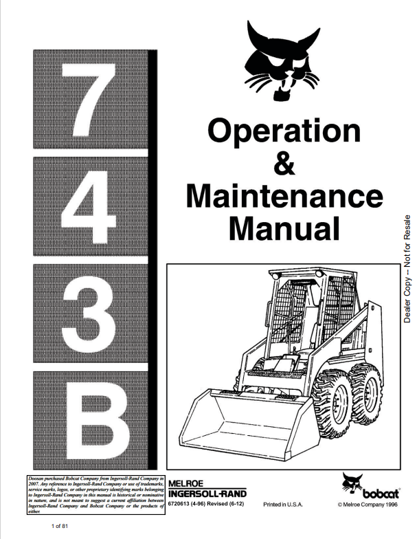 BOBCAT 743B LOADER OPERATION AND MAINTENANCE MANUAL 6720613 PDF
