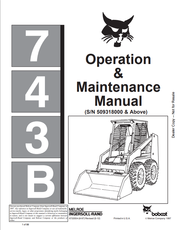 BOBCAT 743B LOADER OPERATION AND MAINTENANCE MANUAL 6722054 PDF