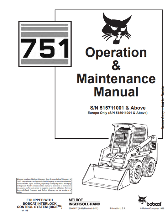 BOBCAT 751 LOADER OPERATION AND MAINTENANCE MANUAL 6900417 PDF