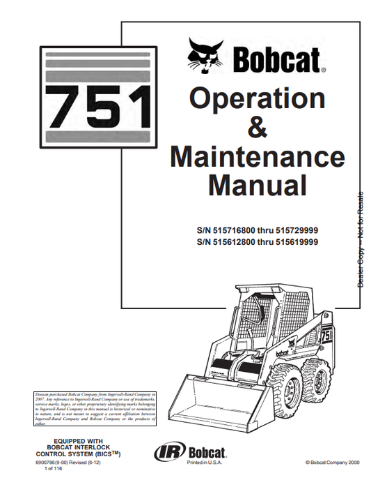 BOBCAT 751 LOADER OPERATION AND MAINTENANCE MANUAL 6900786 PDF