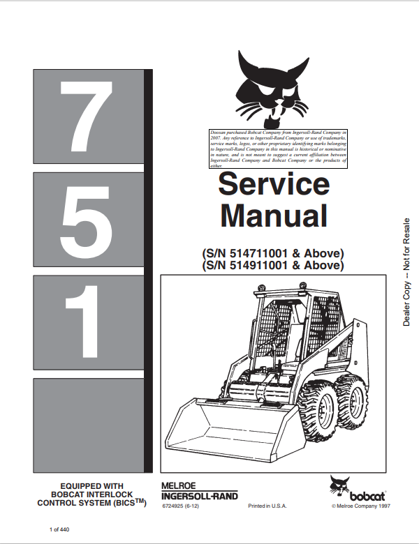 BOBCAT 751 LOADER SERVICE MANUAL 6724925 PDF