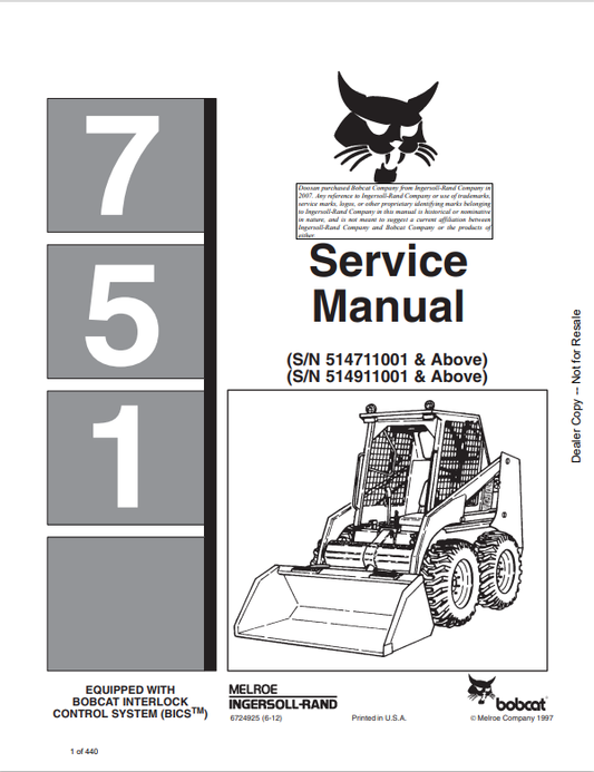 BOBCAT 751 LOADER SERVICE MANUAL 6724925 PDF