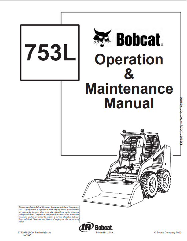 BOBCAT 753L LOADER OPERATION AND MAINTENANCE MANUAL 6722925 PDF