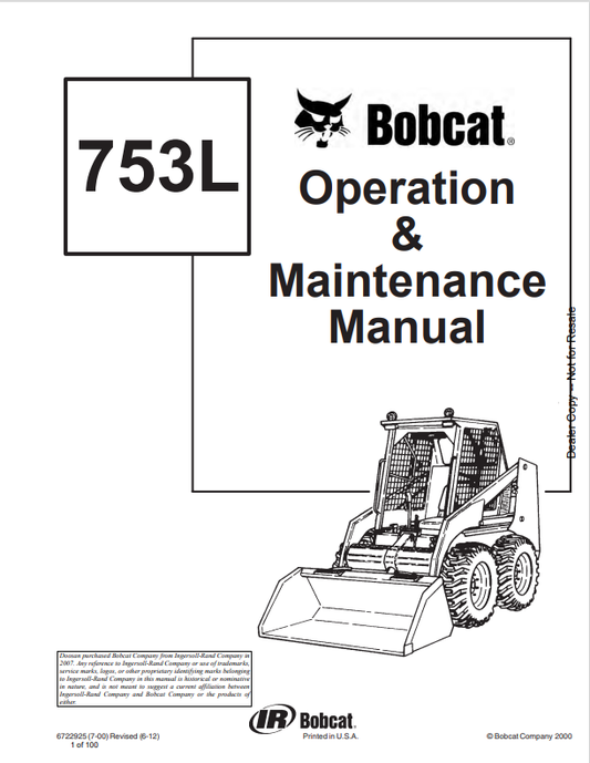BOBCAT 753L LOADER OPERATION AND MAINTENANCE MANUAL 6722925 PDF