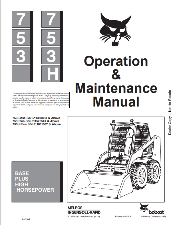 BOBCAT 753, 753H LOADER OPERATION AND MAINTENANCE MANUAL 6722761 PDF