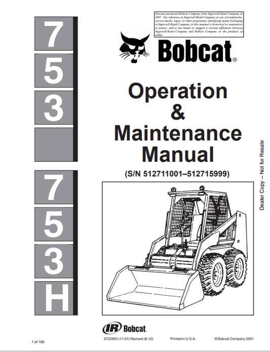 BOBCAT 753, 753H LOADER OPERATION AND MAINTENANCE MANUAL 6722905 PDF