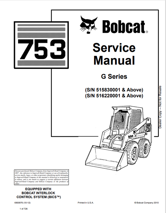 BOBCAT 753 LOADER G SERIES SERVICE MANUAL 6900976 PDF