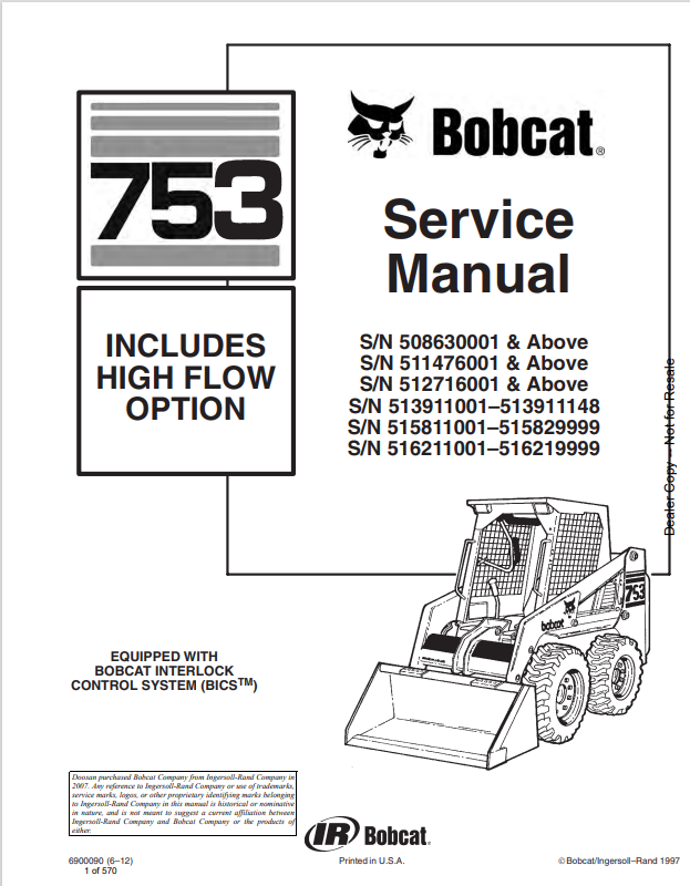 BOBCAT 753 LOADER OPERATION AND MAINTENANCE MANUAL 6900090 PDF
