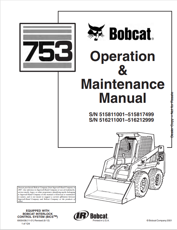 BOBCAT 753 LOADER OPERATION AND MAINTENANCE MANUAL 6900438 PDF