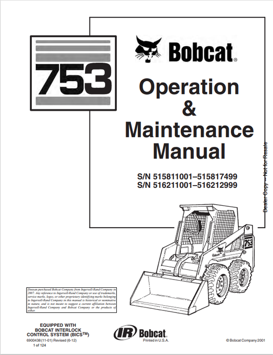 BOBCAT 753 LOADER OPERATION AND MAINTENANCE MANUAL 6900438 PDF