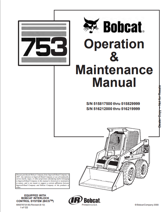 BOBCAT 753 LOADER OPERATION AND MAINTENANCE MANUAL 6900787 PDF