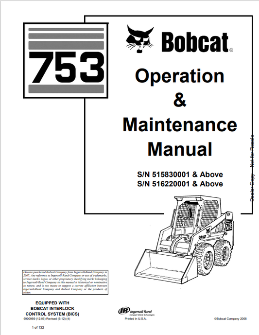 BOBCAT 753 LOADER OPERATION AND MAINTENANCE MANUAL 6900969 PDF