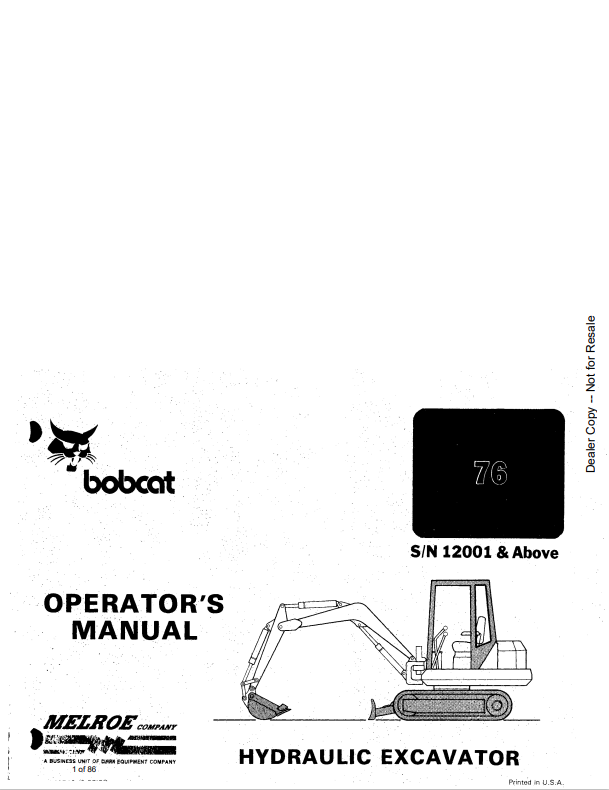 BOBCAT 76 HYDRAULIC EXCAVATOR OPERATOR MANUAL 6570749 PDF
