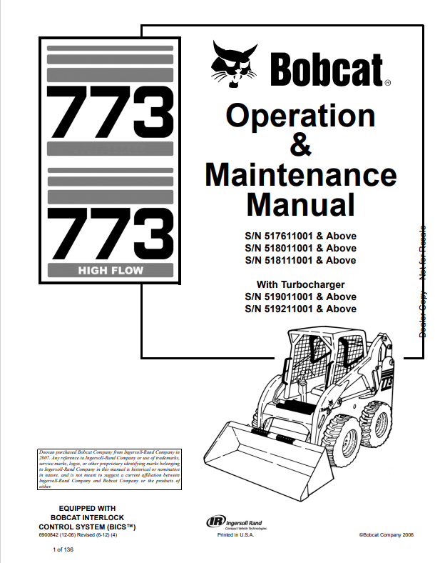 BOBCAT 773, 773 HIGH FLOW OPERATION AND MAINTENANCE MANUAL 6900842 PDF