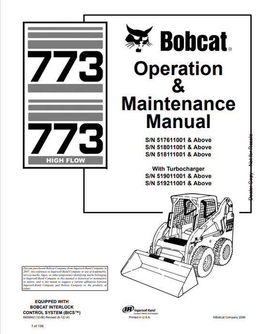 BOBCAT 773, 773 HIGH FLOW OPERATION AND MAINTENANCE MANUAL 6900842 PDF