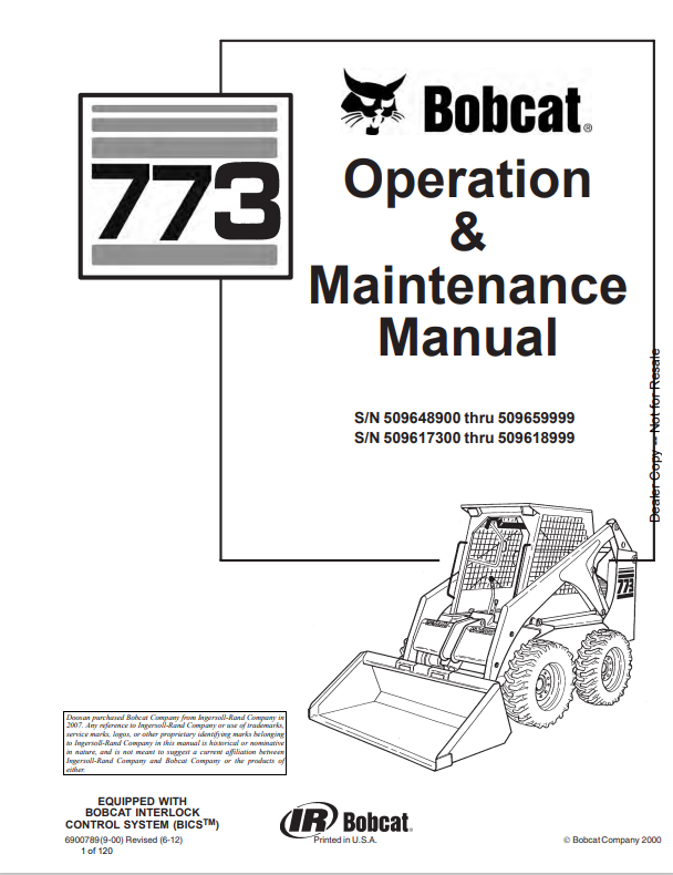 BOBCAT 773 LOADER OPERATION AND MAINTENANCE MANUAL 6900789 PDF