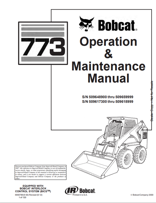 BOBCAT 773 LOADER OPERATION AND MAINTENANCE MANUAL 6900789 PDF