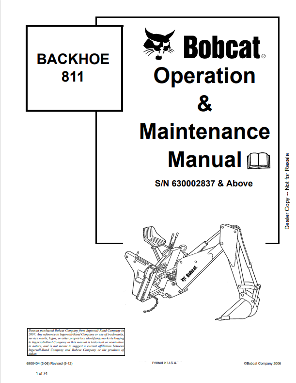 BOBCAT 811 BACKHOE OPERATION AND MAINTENANCE MANUAL 6900404 PDF
