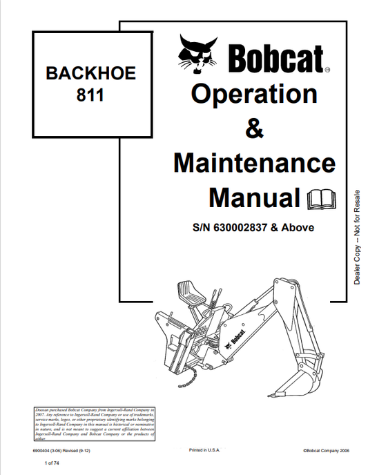 BOBCAT 811 BACKHOE OPERATION AND MAINTENANCE MANUAL 6900404 PDF
