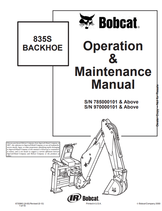 BOBCAT 835S BACKHOE OPERATION AND MAINTENANCE MANUAL 6720861 PDF