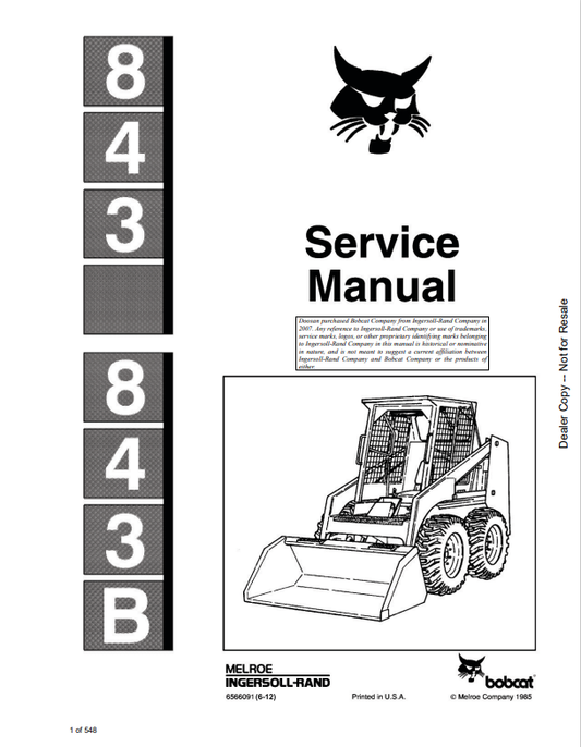 BOBCAT 843, 843B LOADER SERVICE MANUAL 6566091 PDF
