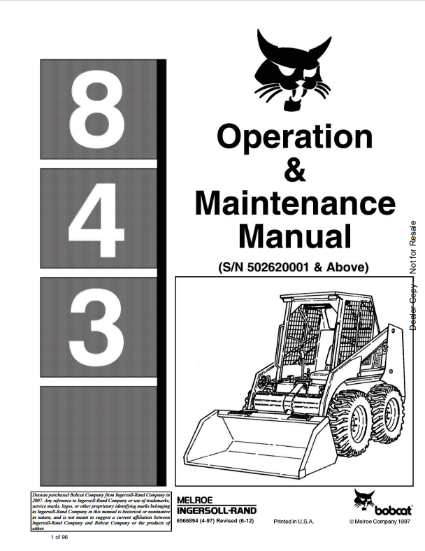 BOBCAT 843 LOADER OPERATION AND MAINTENANCE MANUAL 6566894 PDF