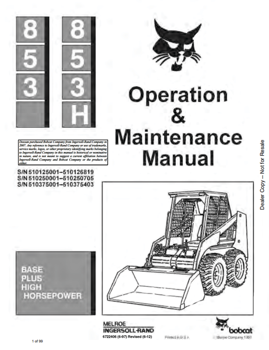 BOBCAT 853, 853H LOADER OPERATION AND MAINTENANCE MANUAL 6722406 PDF