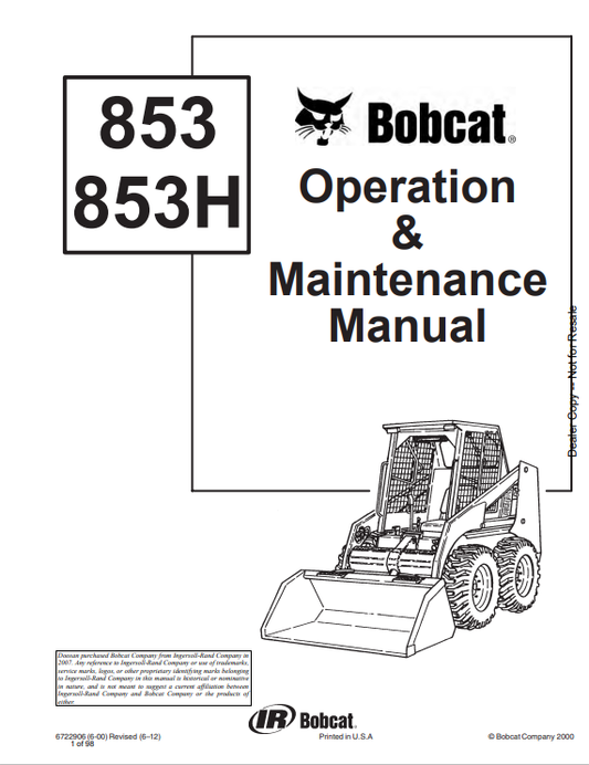 BOBCAT 853, 853H LOADER OPERATION AND MAINTENANCE MANUAL 6722906 PDF