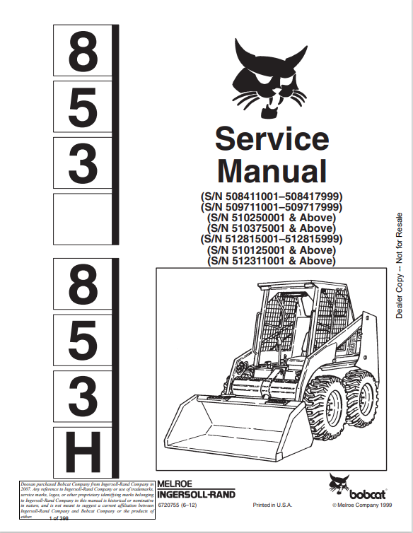 BOBCAT 853, 853H LOADER SERVICE MANUAL 6720755 PDF