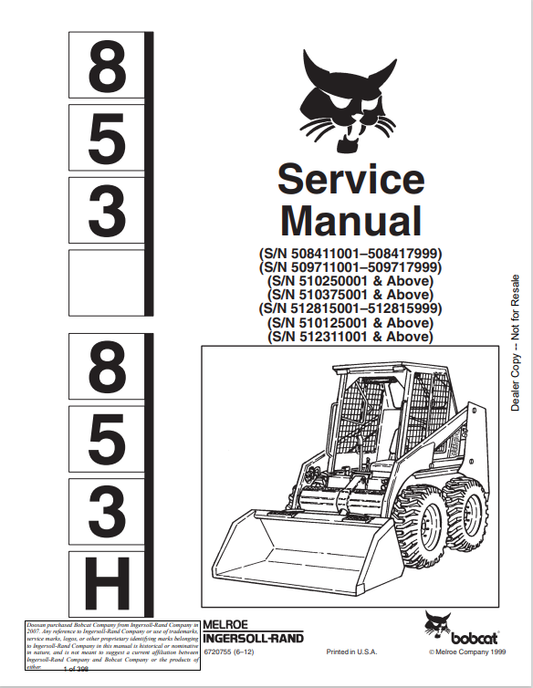 BOBCAT 853, 853H LOADER SERVICE MANUAL 6720755 PDF