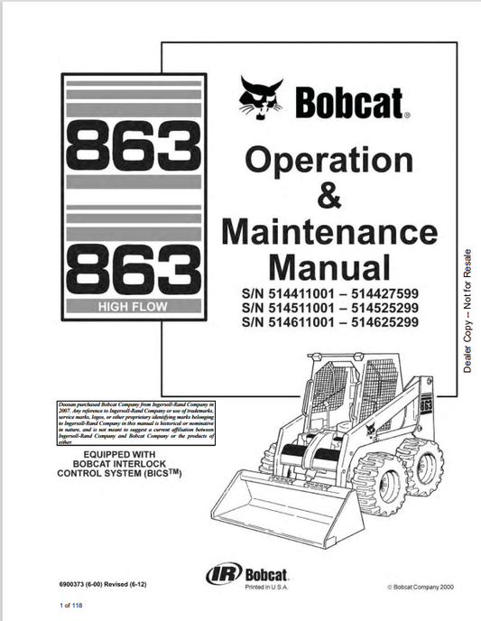 BOBCAT 863, 863 HIGH FLOW OPERATION AND MAINTENANCE MANUAL 6900373 PDF