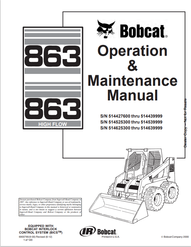 BOBCAT 863, 863 HIGH FLOW OPERATION AND MAINTENANCE MANUAL 6900790 PDF